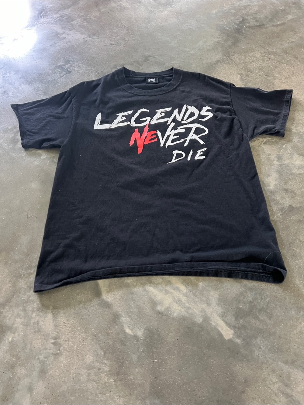Revenge Clothing Black Tee with White and Red 'Legends Never Die' Graphic